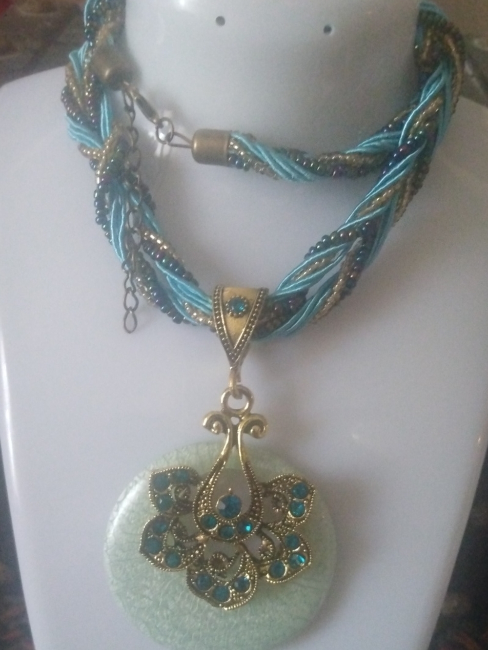 Gold-Tone Blue Beaded Art Deco Pendant Necklace - Women's Jewelry